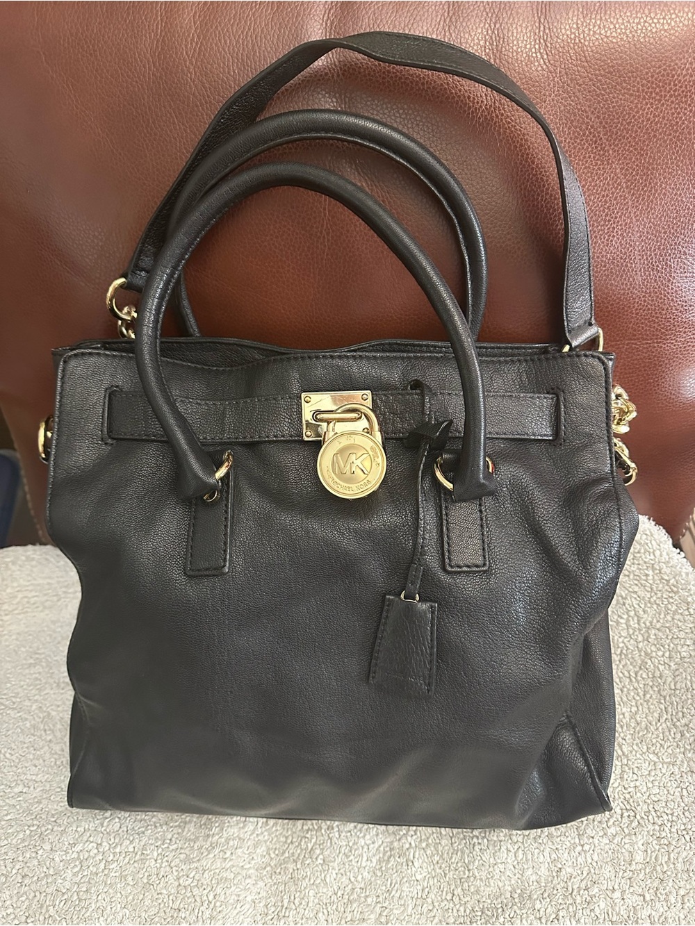 Michael Kors Hamilton Large Leather Tote Satchel – Black & Gold